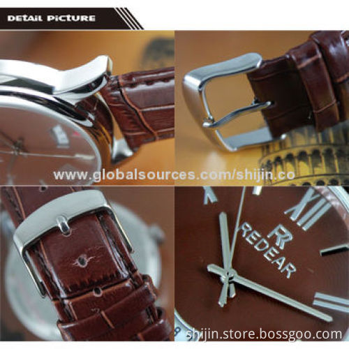Stainless steel watch with genuine leather band for men, good quality, REDEAR, made in China